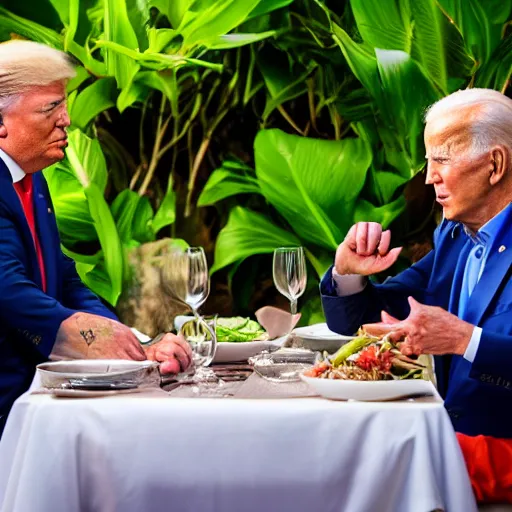 Image similar to Trump and Biden having dinner at a fancy Balinese restaurant, award winning photography, sigma 85mm Lens F/1.4, blurred background, perfect faces