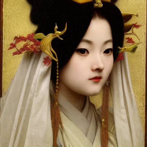 Prompt: front symmetric face of asian megane fox in japanese costume, victorian head dress, by jan van eyck, tom bagshaw, jean delville, william bouguereau, albrecht durer, symbolist painting, mysterious mood