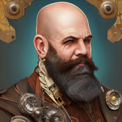 Prompt: Three quarters portrait of a bald male steampunk dwarf with long brown beard, highly detailed, digital painting, art by Stanley Lau and Artgerm and magali villeneuve and Alphonse Mucha, artstation, octane render, cgsociety