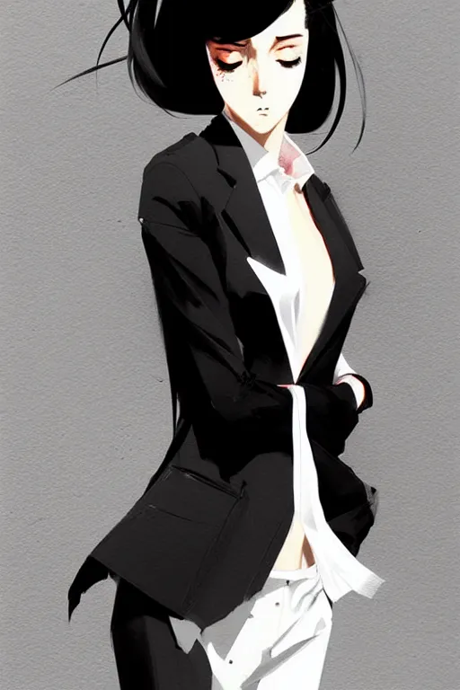 Image similar to a ultradetailed beautiful panting of a stylish woman, she is wearing a white shirt with a tie and black pants, by conrad roset, greg rutkowski and makoto shinkai trending on artstation