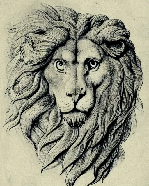 Image similar to a creature, human eyes, eagle beak, lion mane, two horns, drawn by da vinci