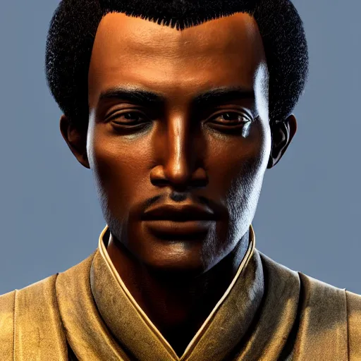 Image similar to A Crusader Kings II portrait of an African man with high cheekbones. Good bone structure. Dressed in 1940s style. Highly detailed, fine Art, high detail, great lighting, 8k resolution, masterpiece, concept art, illustration, clear eyes, painting oil on canvas, octane render, HDR, trending on artstation, 4k, 8k, HD