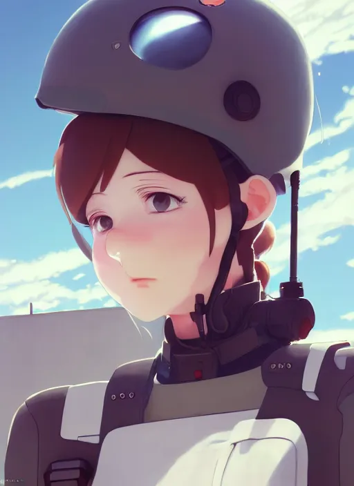 Image similar to portrait of cute pilot girl, smoky sky background, urban landscape, illustration concept art anime key visual trending pixiv fanbox by wlop and greg rutkowski and makoto shinkai and studio ghibli and kyoto animation, soldier clothing, military gear, airplane robot, cyborg, gapmoe yandere grimdark