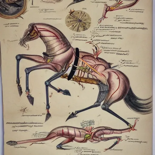 Image similar to on parchment vintage detailed colored sketch of full body dragoon anatomy, full description full page