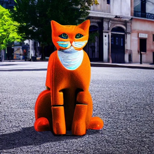 Image similar to robot cat in a street the cat's eye is red and the weather is sunny photo realistic 4 k