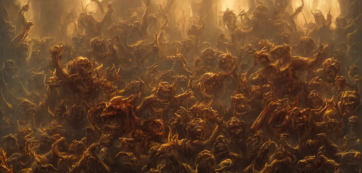 Prompt: oil matte painting, closeup portrait of ugly creepy goblins dancing in hell at ba rave cheering dancing beautiful cinematic light deep focus, elegant, digital painting, smooth, sharp focus, golden ratio, dramatic illumination, ultra realistic, 8 k, art by greg rutkowski wlop rossdraws