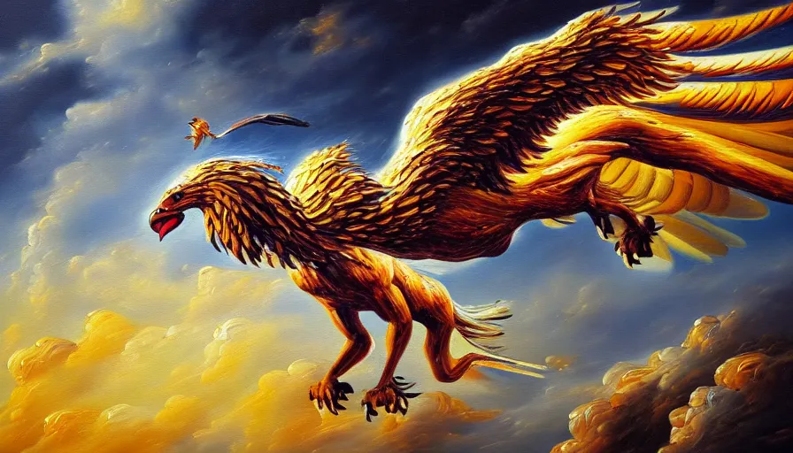 Image similar to highly detailed oil painting of a majestic griffin in flight, thick paint and visible brush strokes, 4 k resolution