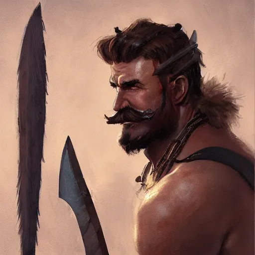 Image similar to portrait old barbarian warrior with trucker mustache and short hair, 8 k, trending on art station, by tooth wu and greg rutkowski