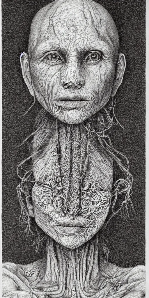 Image similar to detailed portrait from codex seraphinianus, pencil drawing, intricate