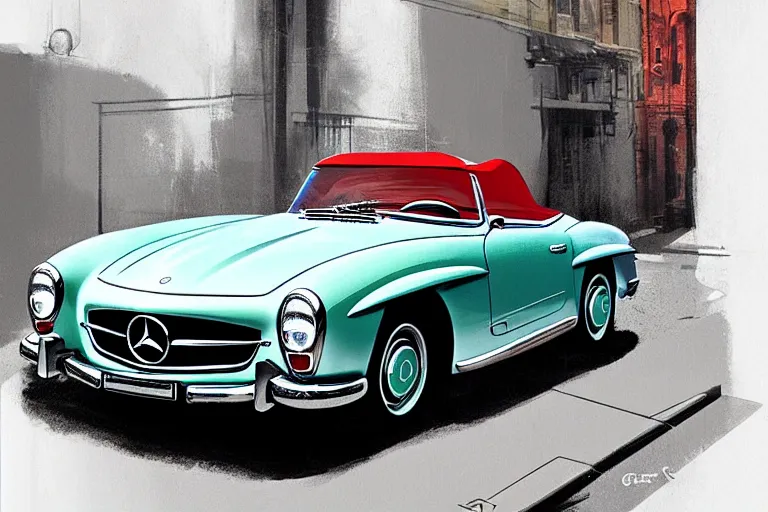 Image similar to 1 9 6 1 mercedes - benz 1 9 0 sl on a street, illustration by greg rutkowski