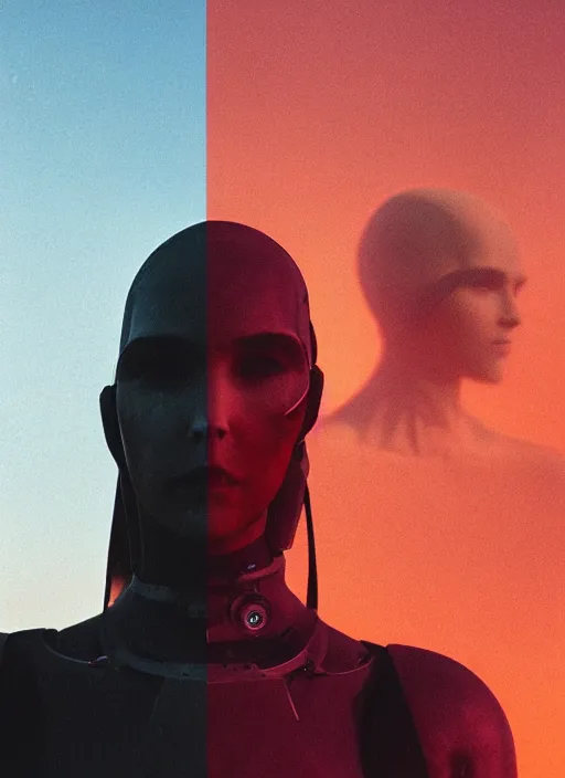 Image similar to cinestill 5 0 d photographic portrait of two loving female androids wearing rugged black techwear on a desolate plain with a red sky, showing some skin, extreme closeup, modern cyberpunk, dust storm, 8 k, hd, high resolution, 3 5 mm, f / 3 2, ultra realistic faces, ex machina, blade runner