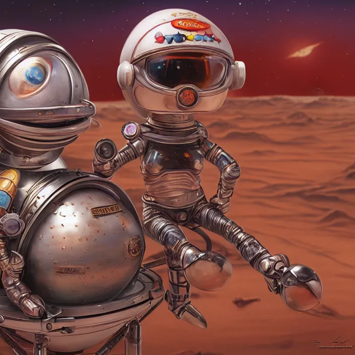Image similar to highly detailed closeup, portrait of a tin toy bikini spacegirl in a spaceship on mars, unreal engine, nicoletta ceccoli, mark ryden, earl norem, lostfish, global illumination, detailed and intricate environment