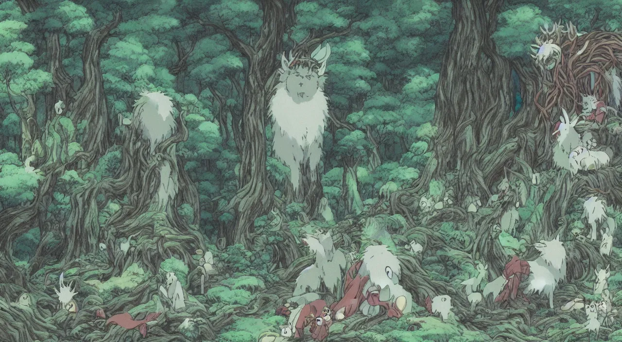 Image similar to studio ghibli anime still of a fantasy forest, forest ghosts from princess mononoke, mythical, key anime visuals