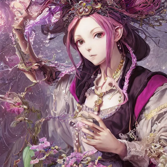 Image similar to the portrait of chaotic good female druid alchemist as absurdly beautiful, gorgeous, elegant, young anime girl, an ultrafine hyperdetailed illustration by kim jung gi, irakli nadar, intricate linework, sharp focus, bright colors, octopath traveler, final fantasy, unreal engine 5 highly rendered, global illumination, radiant light, detailed and intricate environment