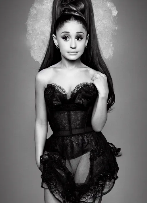 Image similar to Ariana Grande for Victorian Secret, full length shot, XF IQ4, 150MP, 50mm, f/1.4, ISO 200, 1/160s, natural light, Adobe Photoshop, Adobe Lightroom, DxO Photolab, Corel PaintShop Pro, rule of thirds, symmetrical balance, depth layering, polarizing filter, Sense of Depth, AI enhanced