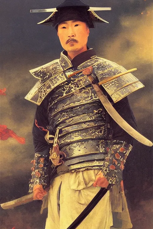 Image similar to close up of a fantasy samurai general in full armor on a battlefield during edo period, by vladimir volegov and alexander averin and delphin enjolras and daniel f. gerhartz