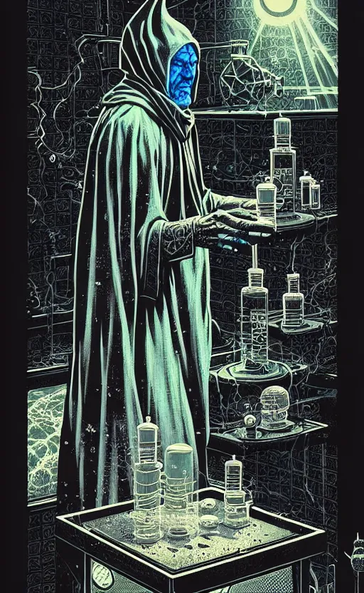 Image similar to ancient cloaked wizard mixing potions in his laboratory, high details, intricately detailed, by vincent di fate, inking, 3 color screen print, masterpiece, trending on artstation,, sharp, details, hyper - detailed, hd, 4 k, 8 k