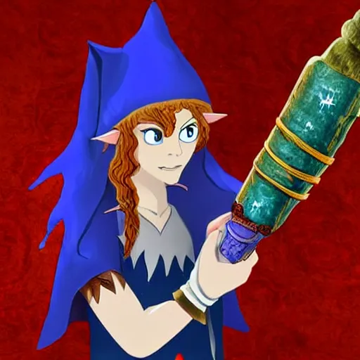 Image similar to a fantasy elf that is a wizard, holding a spell book and a dagger, with red hair, blue eyes, and is tall