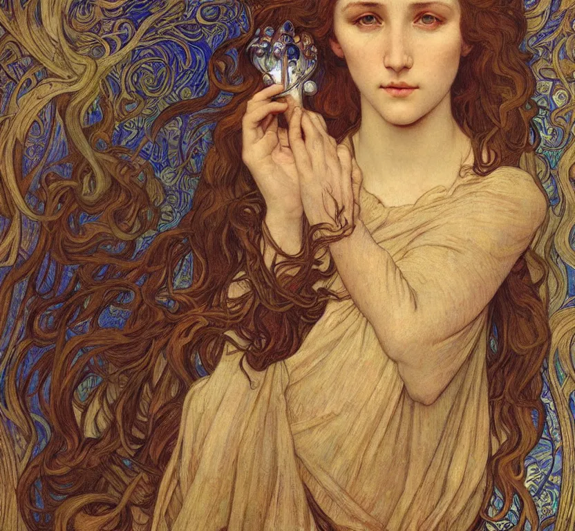 Image similar to detailed realistic beautiful young medieval queen face portrait by jean delville, alphonse mucha, vincent van gogh, and marco mazzoni, art nouveau, symbolist, visionary, gothic, pre - raphaelite