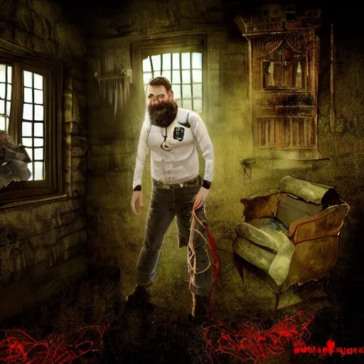 Image similar to a white man with brown hair and beard in ghost hunting outfit and gear inside a haunted house, spooky, horror, gothic, scary, proton pack, EMF meter, RGB LEDs, highly detailed, digital painting