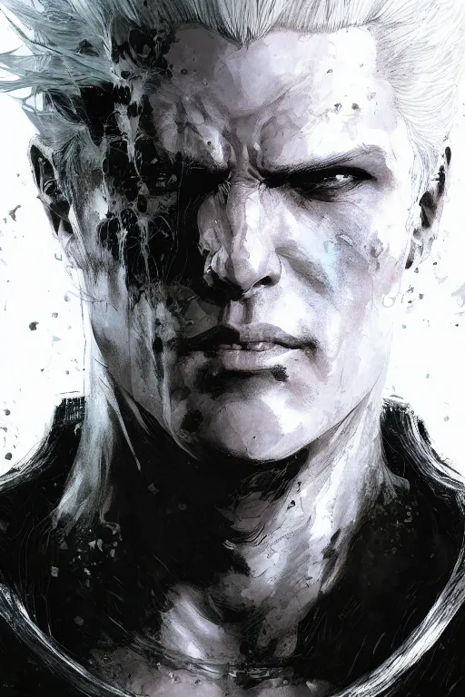 Prompt: Portrait of Vergil from DMC, pen and ink, intricate line drawings, by Craig Mullins, Ruan Jia, Kentaro Miura, Greg Rutkowski