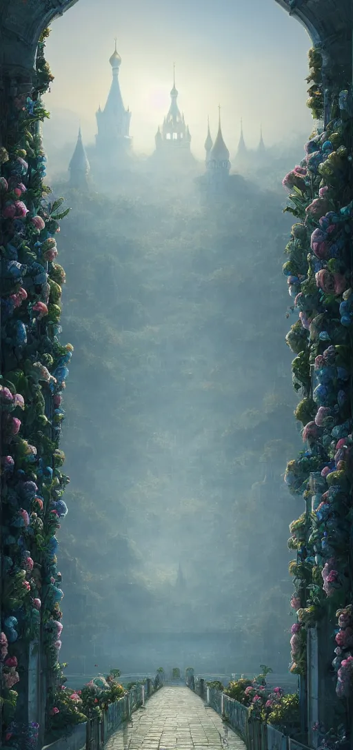 Image similar to vanishing point, palace like the kremlin in distance on a lake is covered with aqua blue roses, viewed from afar, stephen bliss, misty, unreal engine, fantasy art by greg rutkowski, loish, ferdinand knab, and lois van rossdraws,, global illumination, radiant light, minimalist, detailed and intricate environment