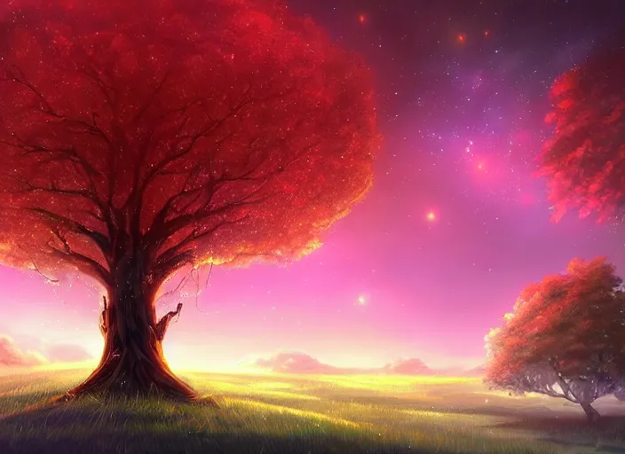 Prompt: epic fantasy landscape of a tree with diamond crystal translucid leaves, beautiful night sky by Cyril Aquasixio Rolando, Cyril Rolando, pixiv