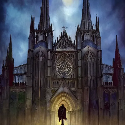 Image similar to Hyperrealistic Count Dracula playing a Gibson electric guitar in front of a gothic cathedral, by Antonio Caparo, Ferdinand Knab, Greg Rutkowski, Amano, and Karol Bak UHD, vivid colors, photorealistic trending on artstation