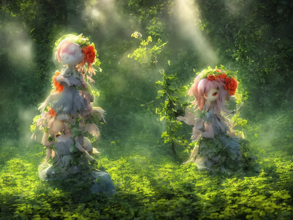 Prompt: cute fumo plush girl among vines in the middle of a lush rose garden, glowing ethereal gothic wraith plantgirl, tattered green dress, smoke and orange volumetric fog, blue sky sunshine lens flare, bokeh, vray