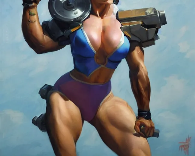 Image similar to greg manchess portrait painting of milla jovovich as beautiful thick female bodybuilder champion zarya from overwatch, medium shot, asymmetrical, profile picture, organic painting, sunny day, matte painting, bold shapes, hard edges, street art, trending on artstation, by huang guangjian and gil elvgren and sachin teng