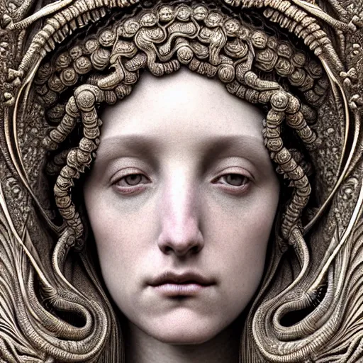 Image similar to detailed realistic beautiful young medieval queen face portrait by jean delville, gustave dore, iris van herpen and marco mazzoni, art forms of nature by ernst haeckel, art nouveau, symbolist, visionary, gothic, neo - gothic, pre - raphaelite, fractal lace, ai biodiversity, surreality, intricate hyper detailed ultra sharp octane render