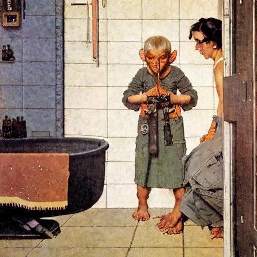 Image similar to A sci-fi woman examines the bathroom of a poor family. A painting by Norman Rockwell.