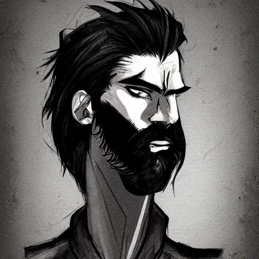 Image similar to very attractive man with beard, strong masculine features, slim, short hair, 35 years old, one android eye, sophisticated clothing with some steampunk elements, gesture dynamic, command presence, royalty, weathered face, smooth, sharp focus, organic, appealing, book cover, deep shadows, by Dave McKean sketch lineart for character design