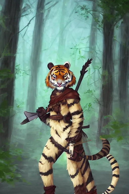 Prompt: an anthropomorphic medieval tiger assassin with a fluffy tail in the forest, trending on artstation, trending on furaffinity, digital art, by kawacy, anime, furry art, warm light, backlighting, cartoon, concept art