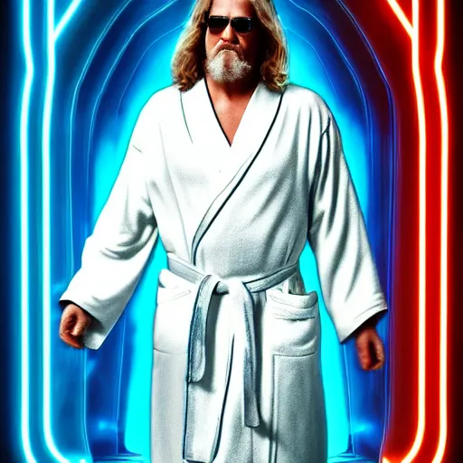 Image similar to dude lebowski dressed in bathrobe played by jeff bridges, stuck in tron realm, photorealistic movie still, detailed 8 k, poster style, high resolution