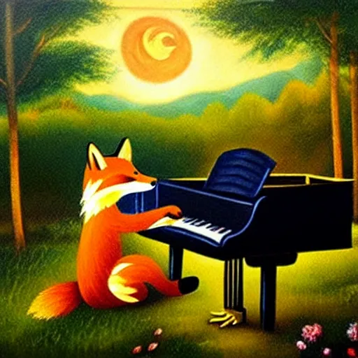 Image similar to A fox playing the piano in a meadow in the forest during the night under the moonlight, children’s book oil painting