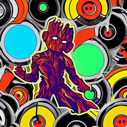 Image similar to svg sticker of a Pop-Wonder Groot-Marvel-Avenger at a rave, spinning records, giant headphones rocking out, wearing headphones, huge speakers, dancing, rave, DJ, spinning records, digital art, amazing composition, rule-of-thirds, award-winning, trending on artstation, featured on deviantart