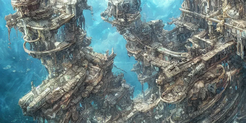 Prompt: masterpiece artwork of a underwater city on a aguarium, hyper detailed, art, trending in artstation, behance, deviantart, art style by kim jung gi and greg rutkowski