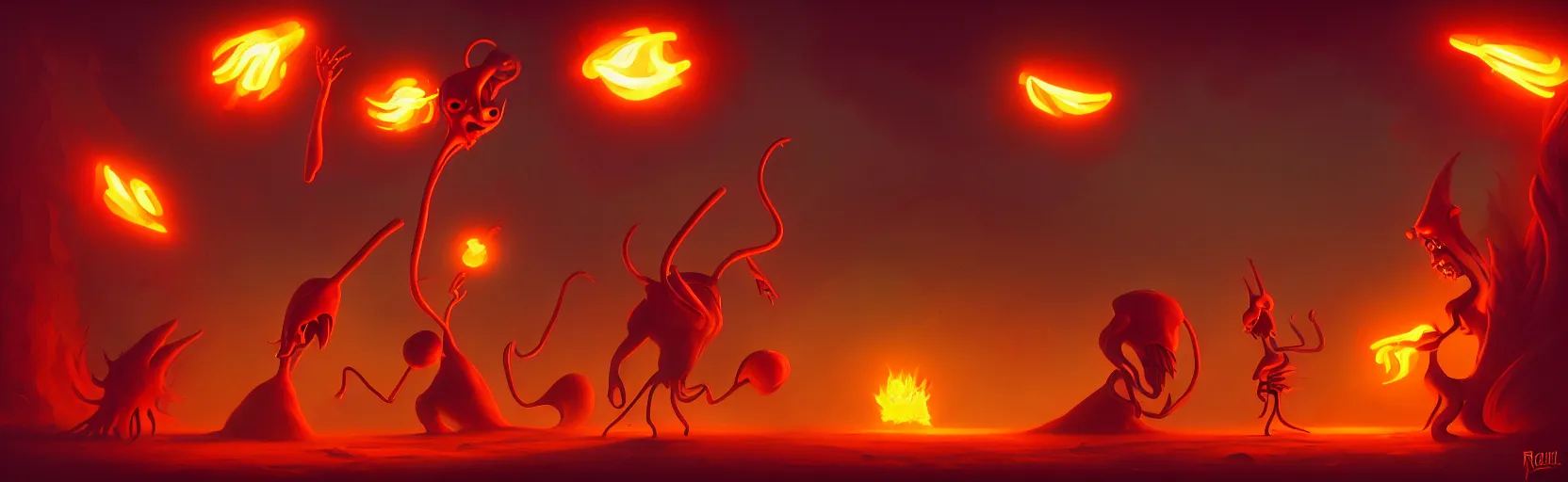 Image similar to wild whimsical fiery mutants from the depths of a wasteland deep in the imaginal realm, dramatic lighting, surreal fleischer cartoon characters, shallow dof, surreal painting by ronny khalil