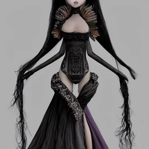 Prompt: photorealistic soft paint of absurdities and curiosities, very beautiful dollpunk female full long dress, ultra deep fog, purple black lustrous thin haircut, symmetry accurate features, focus, very intricate ultrafine details, award winning masterpiece