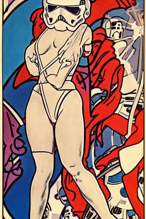 Image similar to female in white bikini with tattoos and stormtrooper helmet, well composed, clean elegant painting, beautiful detailed face. 6 0 s style advertising, comic book art by steve ditko and jack kirby and ( alphonse mucha )