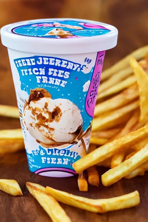 Image similar to french fries flavoured ben and jerry's ice cream, product photo, professional