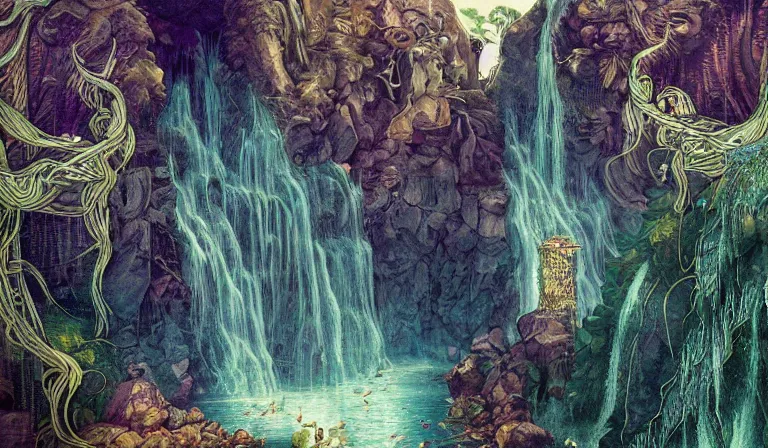 Prompt: innovative waterfall the ancient gods glitchcore landscape, Precise and Intricate Linework, Art Nouveau Cosmic 4k Detailed Matte Illustration trending on Flickr ,CGSociety, Eldritch color scheme, Pastiche by Albrecht Dürer, Pastiche by Don Maitz