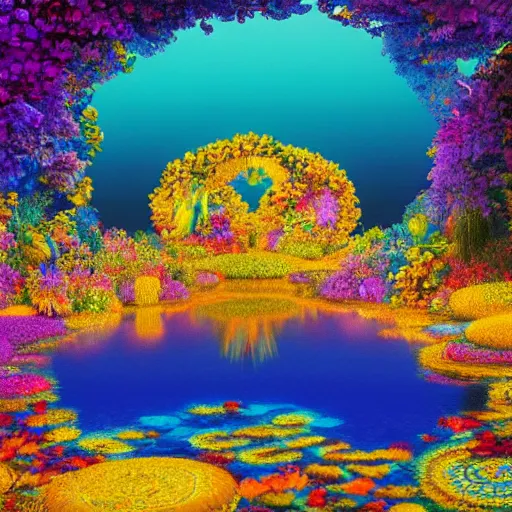 Image similar to a vintage album cover of a trippy lake surrounded by abstract flowers, an arch emerging from the water made of golden fabric, photo - realistic, hyper - real, beautiful lighting