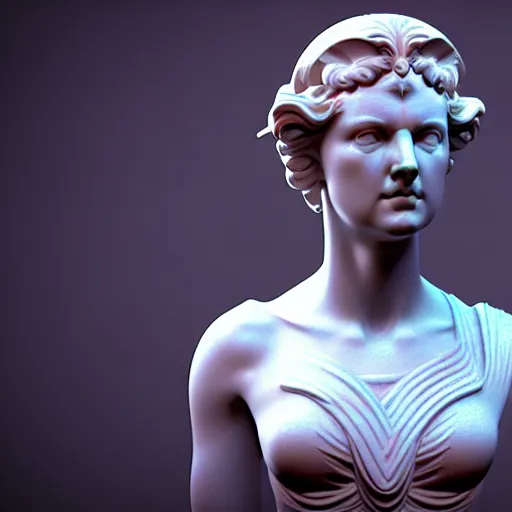 Image similar to sci - fi cgartist wide shot anaglyph ambient occlusion rendering of a hyper realistic marble greek statuary regal goddess glowing with embedded leds head product photo high key colored lighting, trending on artstation volumetric lighting