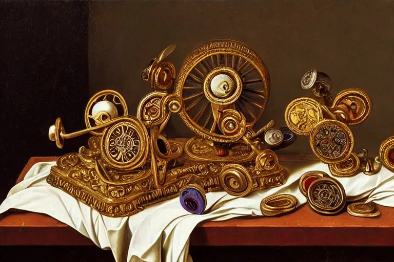 Image similar to inspiring renaissance still life of fidget spinners on an antique dresser, intricate, ornate, highly detailed fidget spinners, natural light, golden hour, oil painting by caravaggio