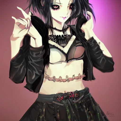 Prompt: goth anime girl in mini skirt and crop top intricate, extremely detailed, digital painting, artstation, concept art, smooth, sharp focus, illustration, intimidating lighting, incredible art, hightly detailed face and body