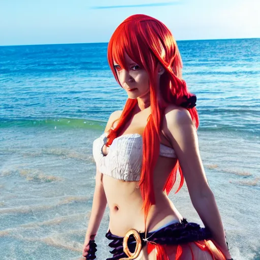 Prompt: headshot of a cute girl cosplaying as Nami from One Piece standing on a beach, cosplay, photo by Mert and Marcus