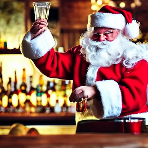 Image similar to Santa working as a bartender serving mentally challenged elves