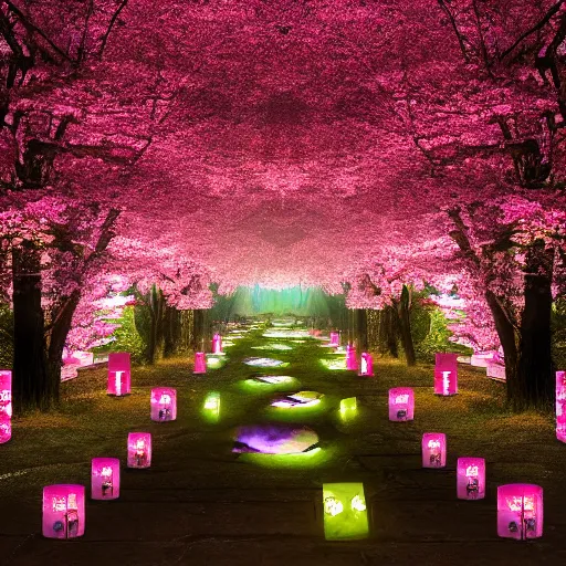 Image similar to photorealistic beautiful cherry blossom forest with paper lanterns illuminating the stone pathway. hyperdetailed photorealism, 1 0 8 megapixels, river, amazing depth, glowing rich colors, powerful imagery, psychedelic overtones, 3 d finalrender, 3 d shading, cinematic lighting, artstation concept art